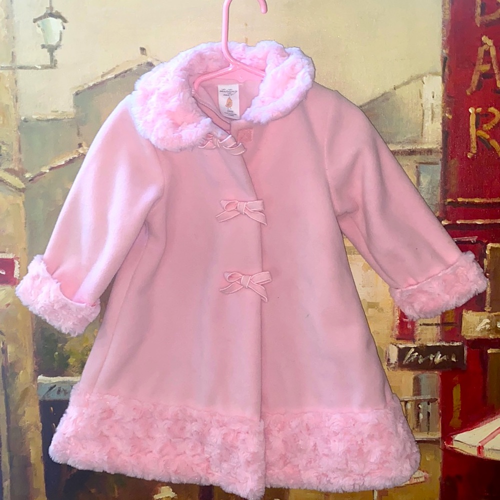 Winter pink coat with faux fur trim